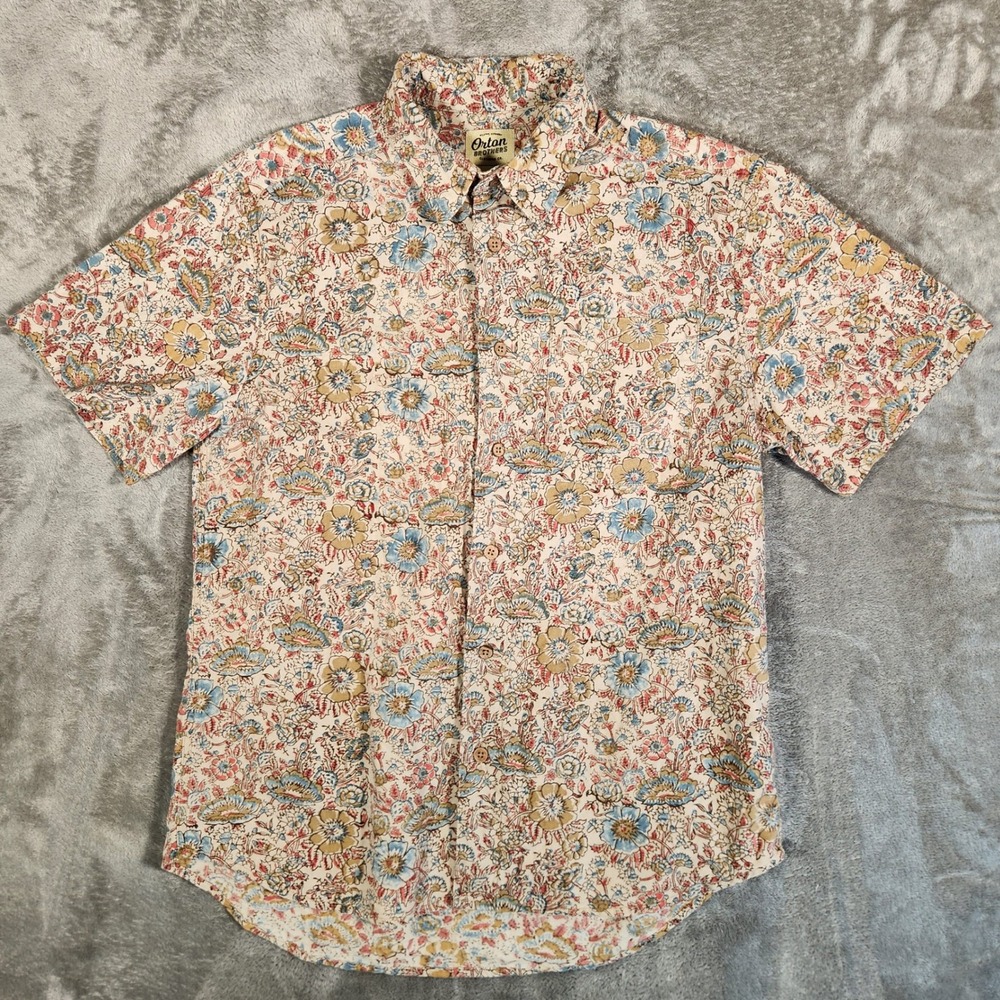 Orton Brothers Button Down Shirt Mens Medium Cream Floral Short Sleeve 86024